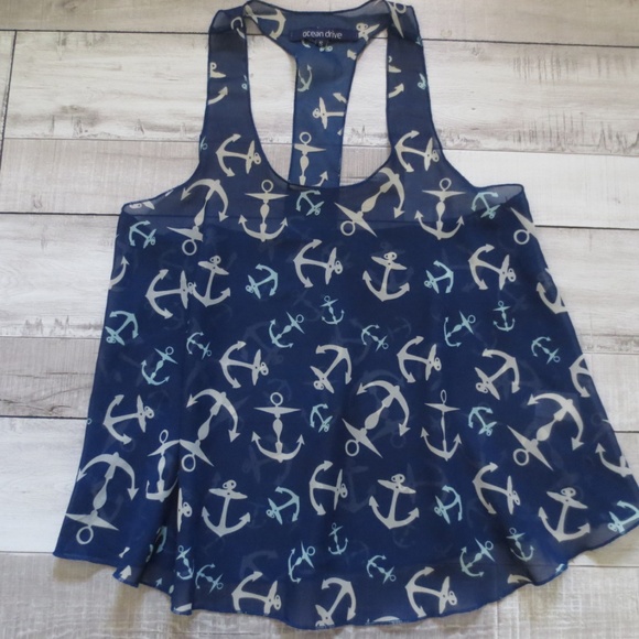 Ocean Drive Tops - Ocean Drive Navy Anchor Print Skimmer Top, Size S